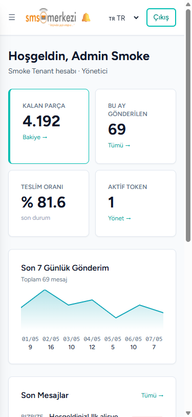 SMS Merkezi Dashboard mobil