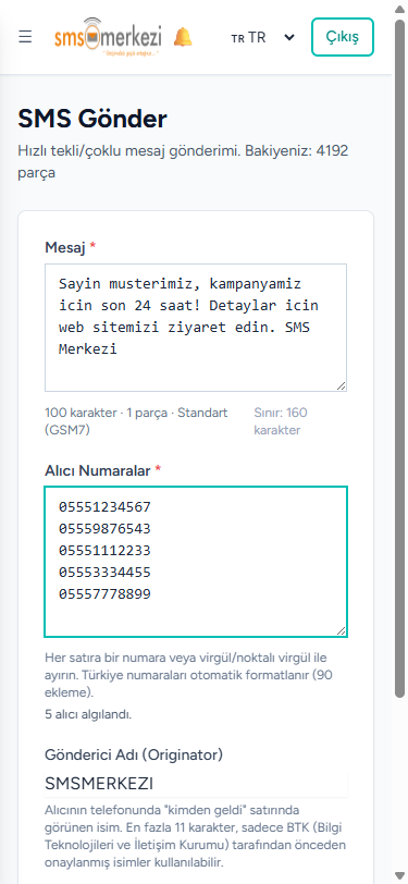 SMS Merkezi mobil — SMS gönder